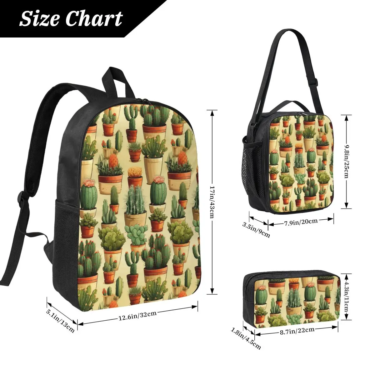Cactus Potted Plant Illustrations Backpack Student BookBag School Bag Computer Shoulder Bags 3ps Insulated Lunch Bag Pencil Case