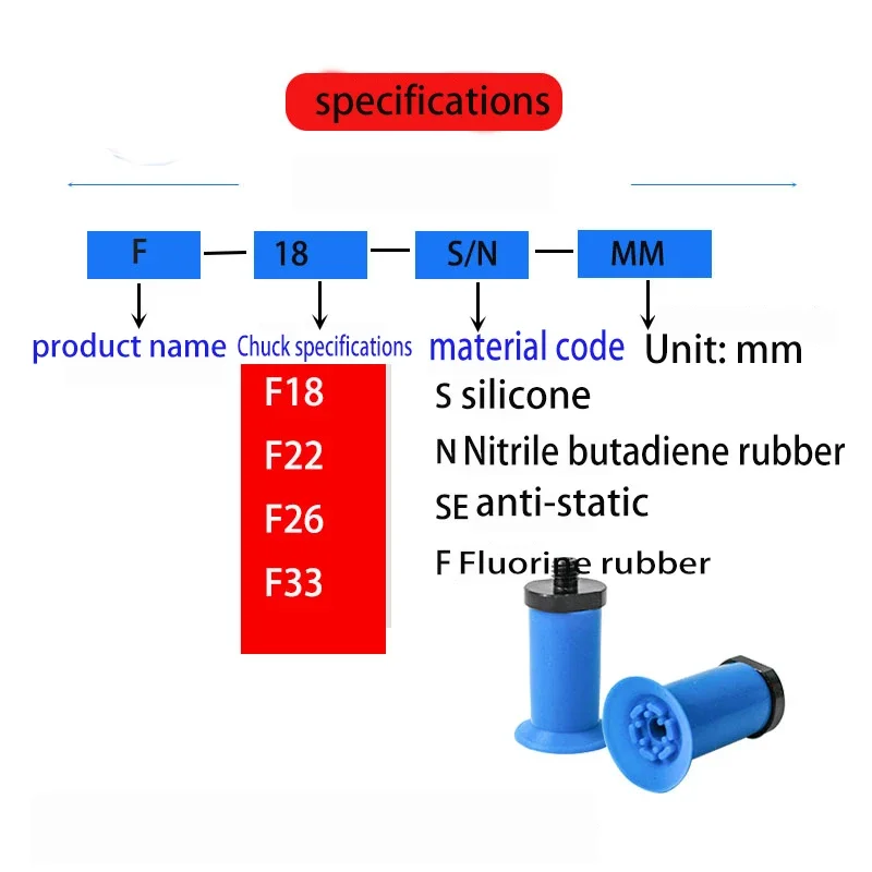Industrial blue pneumatic bag-opening vacuum suction cup. Silicone suction nozzle accessories: F18, F22, F26, F33