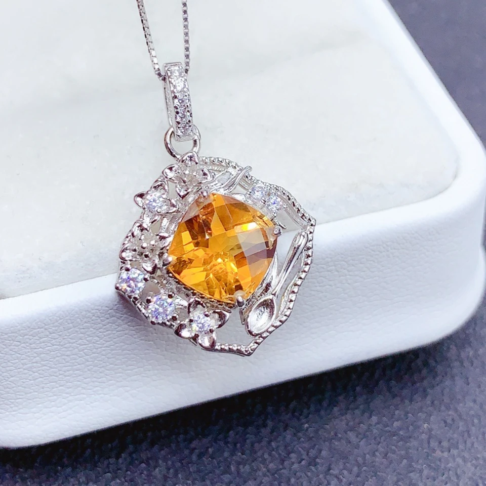 925 Silver Citrine Pendant Jewelry with Certificate 8mm Natural Citrine Jewelry gold plated Silver Crystal Pendant for Women