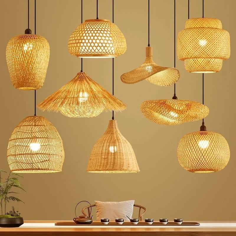 Newest Bamboo Pendant Lamp Ceiling Lights Rattan Wicker Lustre Hand Knit Braiding Suspended Home Dining Braided Indoor Decor Hot