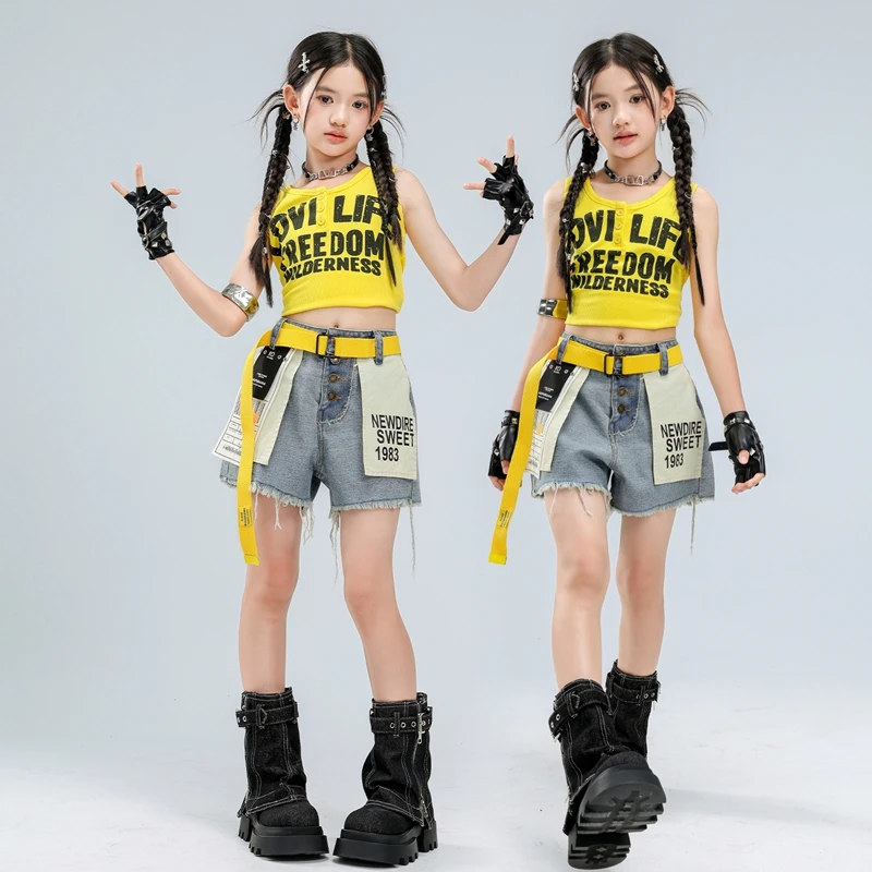 

Girls Hip Hop Streetwear Outfits Yellow Vest Crop Top Denim Shorts Set Kids Jazz Dance Performance Costume with Lace Sleeves