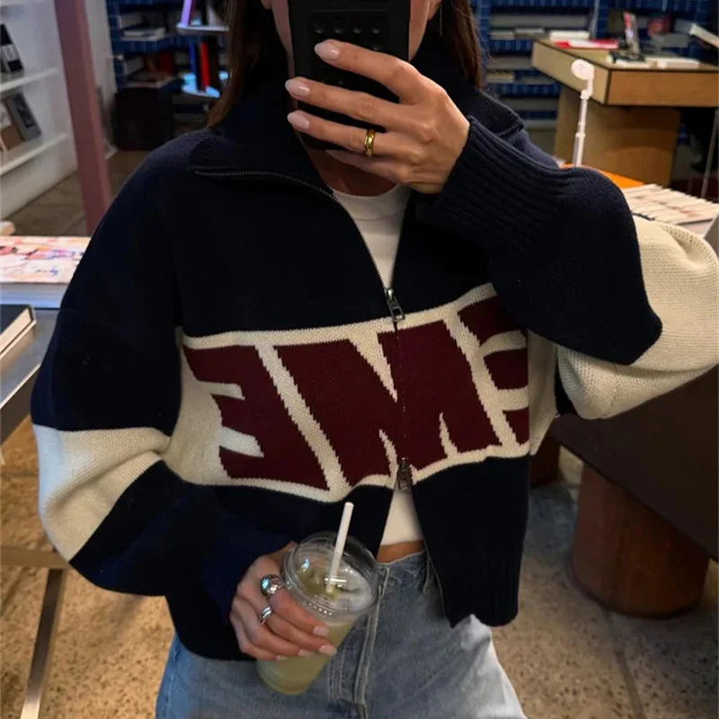 

Ретро Харадзюку ​ ​ Вязаный свитер на молнии, повседневный свитер, американский Y2k, женские топы с длинными рукавами и буквами, новая зимняя мужская куртка, трикотаж