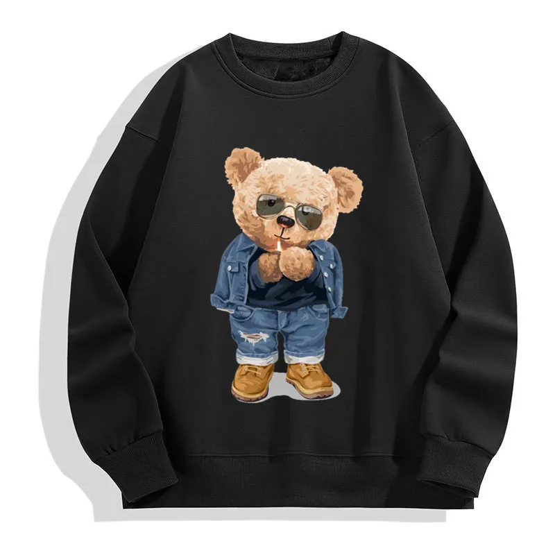 Men\'s Round Neck Pullovers Autumn Winter Outdoor Male Funny Pose Teddy Bear Pattern Print Sweatshirts Fashion Casual Pullover