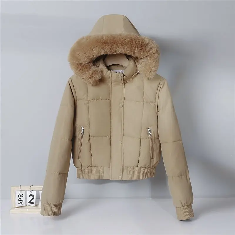 Moda inverno velo forrado quente recortado jaqueta feminina gola de pele com capuz casaco de algodão parka acolchoado manga longa à prova de vento outerwear