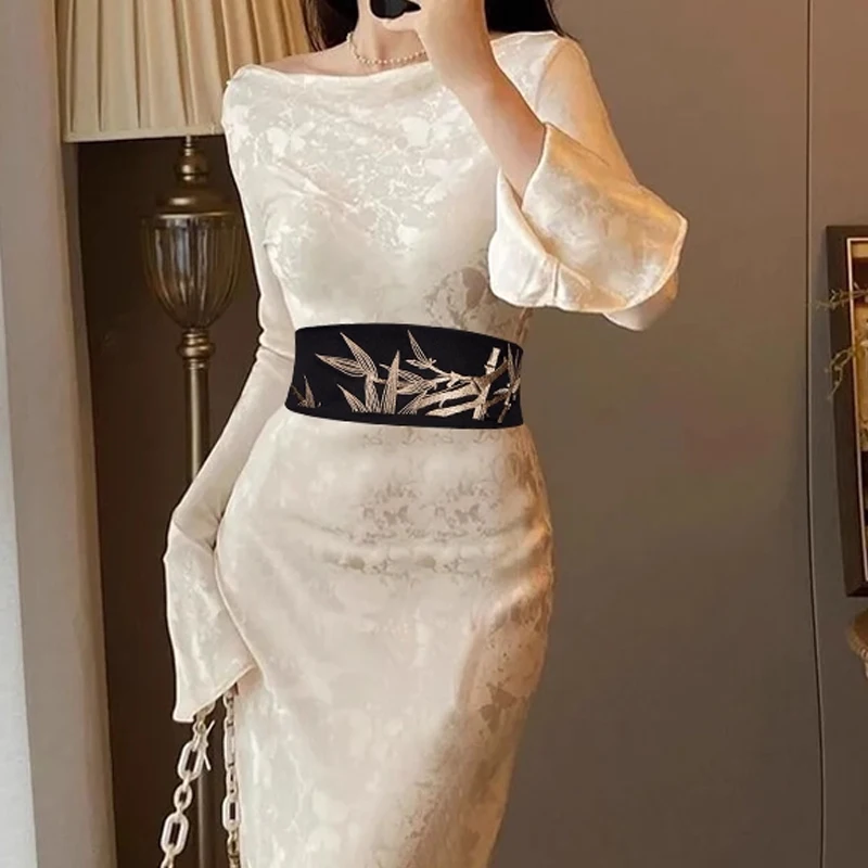 Ancient Style Bamboo Leaf Embroidery Belt Elastic Kimono Dress Decor Waistband Vintage Style Lady Yukata Haori Obi Wide Corset