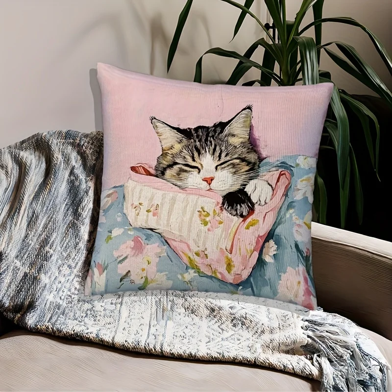 Floral Watercolor Sleeping Tabby Cat Throw Pillow Cover - Decorative Cat Lovers Pillow Case for Home Decor