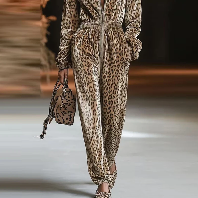 Combinaison Vintage taille haute avec poches pour femme, combishort décontracté, manches longues, fermeture éclair, capuche, imprimé léopard, nouvelle collection automne hiver