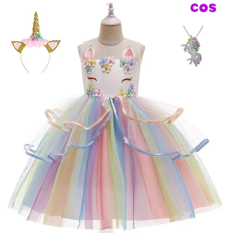 

A Rainbow Unicorn Dress Costume For Girls Princess Fancy Dress with Headband and Necklace Girls Cosplay Birthday Party Dress up