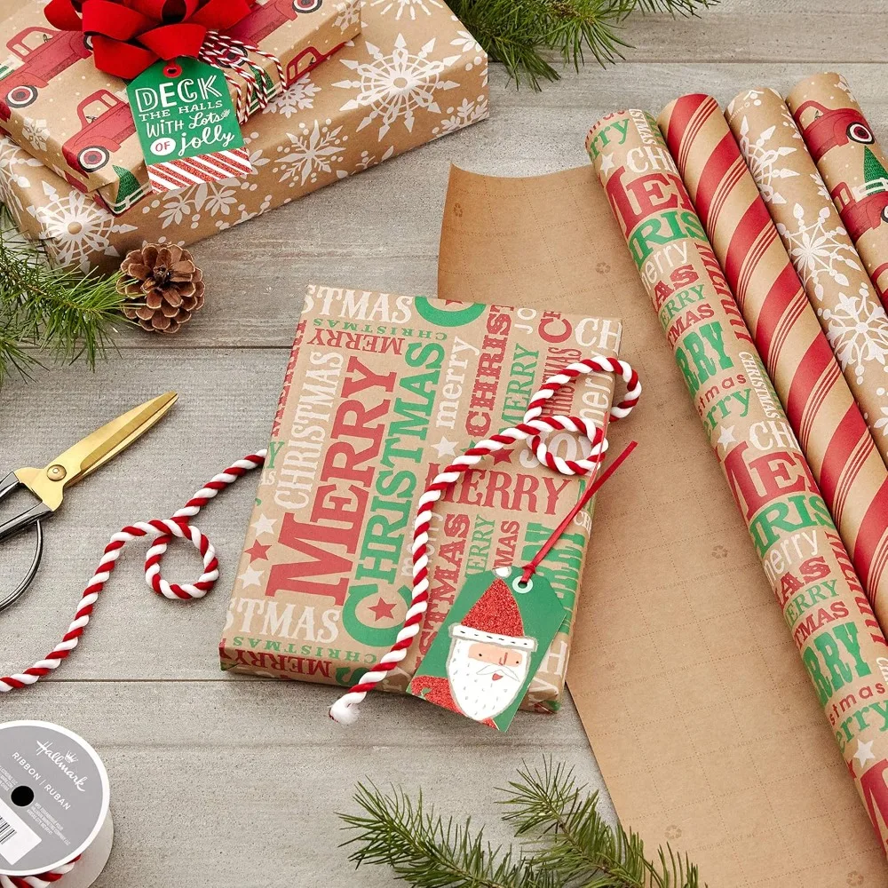 

Christmas Kraft Wrap, 4 Rolls (88 sq ft), Red Trucks, Snowflakes, Stripes, "Merry Christmas", w/ Cut Lines.