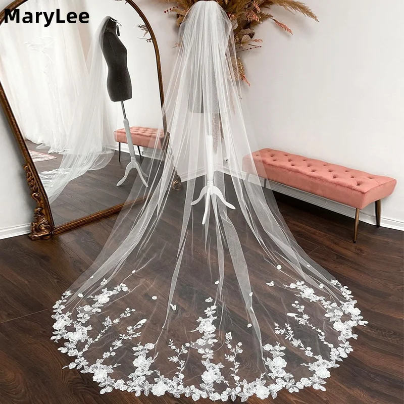 Fairy Floral Lace Wedding Veil White Ivory One Layer Long Soft Tulle Bridal Veil with Comb 3M Bride Wedding Veils Customized