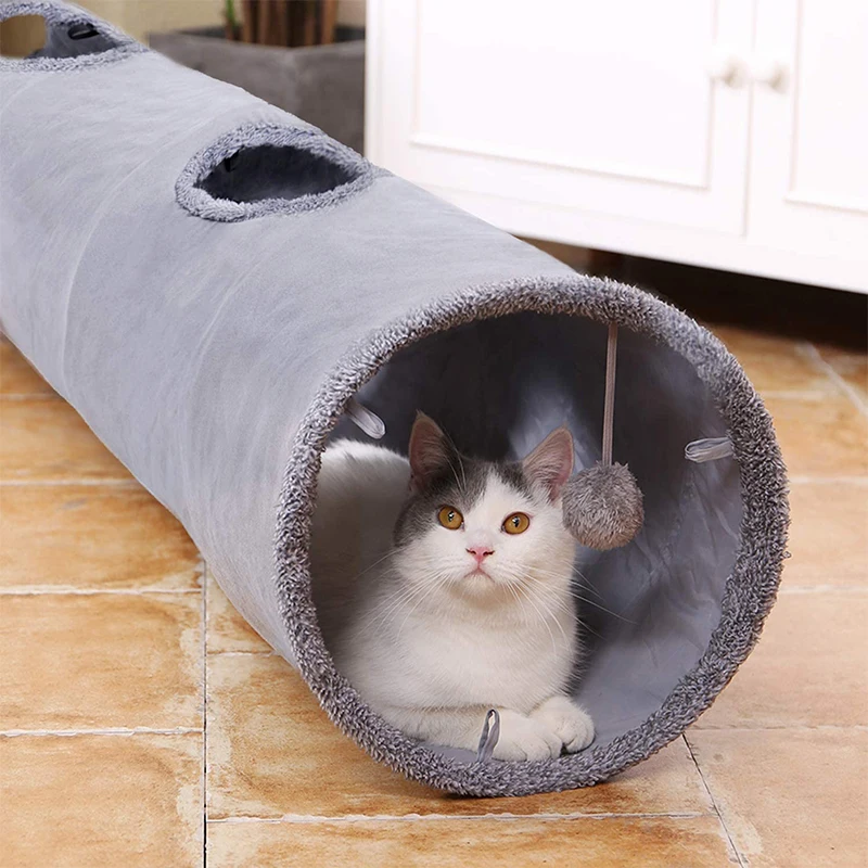 Túnel dobrável com bola para animais de estimação, Play Tube para gatos grandes, cães, coelhos, 2 camurça, Peep Hole, Pet Toys