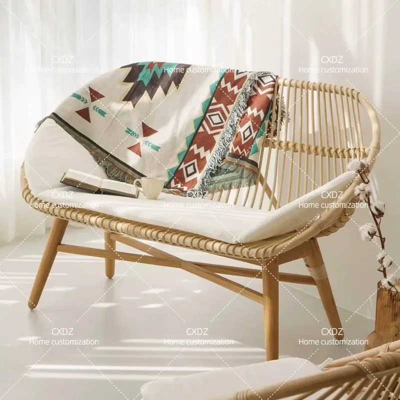 Japanese Style Balcony Double Solid Wood Rattan Leisure Sofa Set Living Room Home Single Bedroom Lazy Sofa Chair