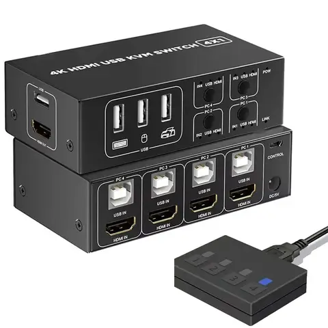 4K 60Hz 4X1 Switcher 4 Port USB HDMI KVM Switch Video Converter with Desktop Controller for 4 PC Share Monitor Mouse Keyboard