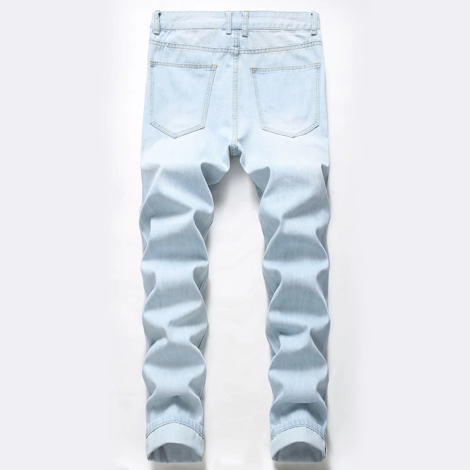 Men Denim Pants Jeans Long Pant Knee Hole Straight Trousers Splice Simple Pockets Casual Solid Regular Autumn Winter High Waist