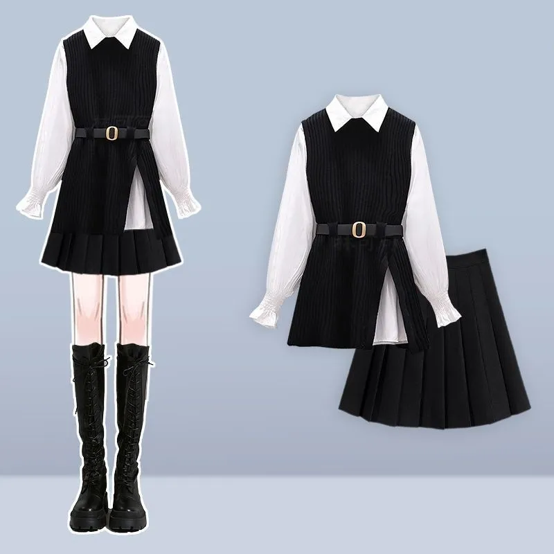 

2025 Autumn Winter New Korean Elegant Retro Knit Vest+Shirt+Pleated Skirt 3-piece Suit Women's Fashion Short Dress Matching Set