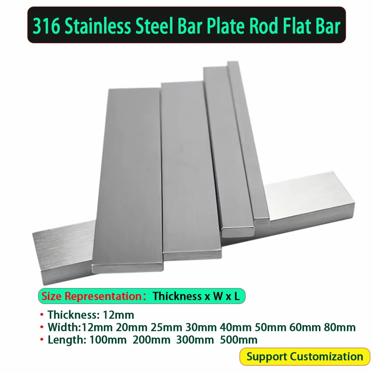 

316 Stainless Steel Bar/Plate Rod Thickness 12mm Width 12/20/25/30/40/50/60/80mm Length 100mm 200mm 300mm 500mm Flat Bar