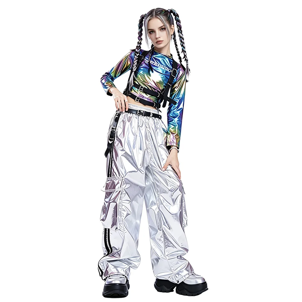 女の子用スパンコール虹色ヒップホップコスチュームクロップトップシルバーシャイニーパンツ子供用ジャズ服ストリートダンスステージセットパフォーマンス用