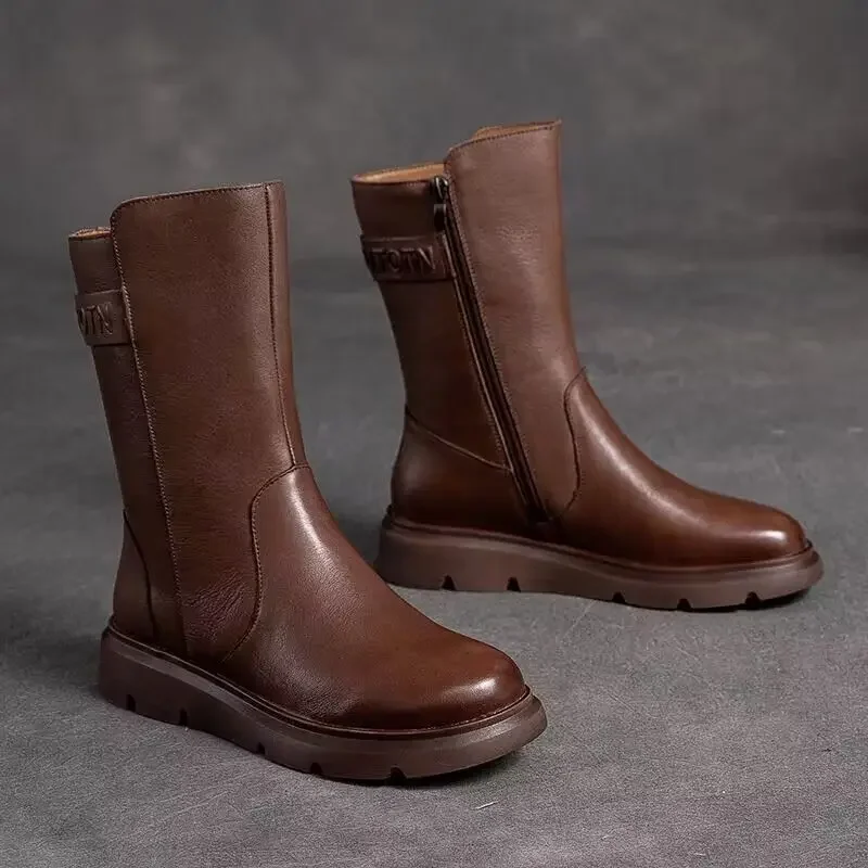 Round Toe Women\'s Half High Boots Elegant Fashion Ladies Mid Calf Shoes Designer Luxury Quality Footwear Winter 2025 Novelty Pu