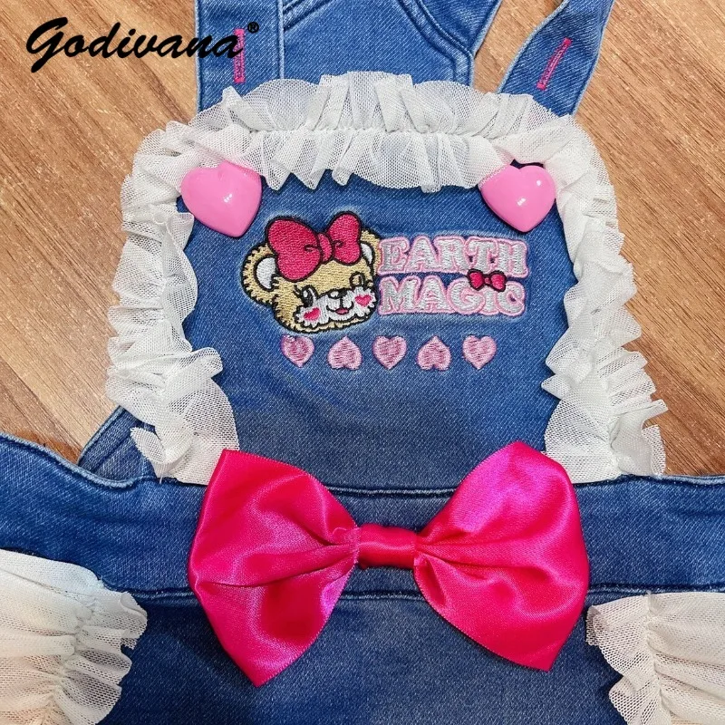 Cute and Sweet Little Girls Denim Overalls Dress Kids Mesh Panel Lace Bow Cartoon Bear Embroidery Pure Cotton Overalls Dresses