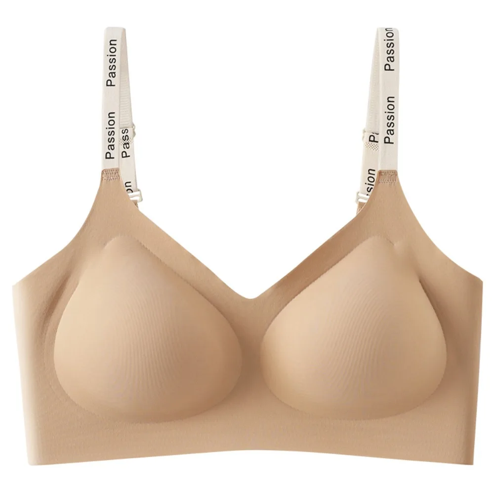 英語レタープリントワイヤレスディープVブラ、耐震性、ぴったりフィット、プッシュアップ、寄せ上げ効果のあるシームレスブラ、跡が目立たない