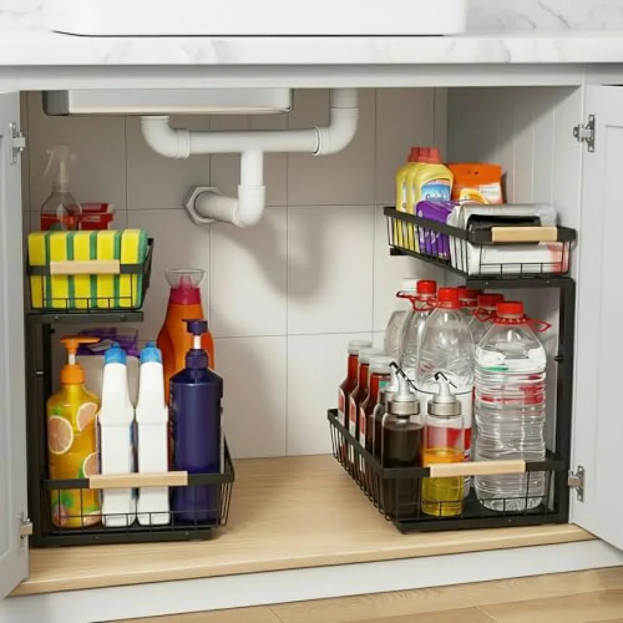 

Under Sink Organizer 2 Pack, 2 Tier Pull Out Cabinet Organizers and Storage for Kitchen Bathroom Pantry Laundry, Adjustable Hei