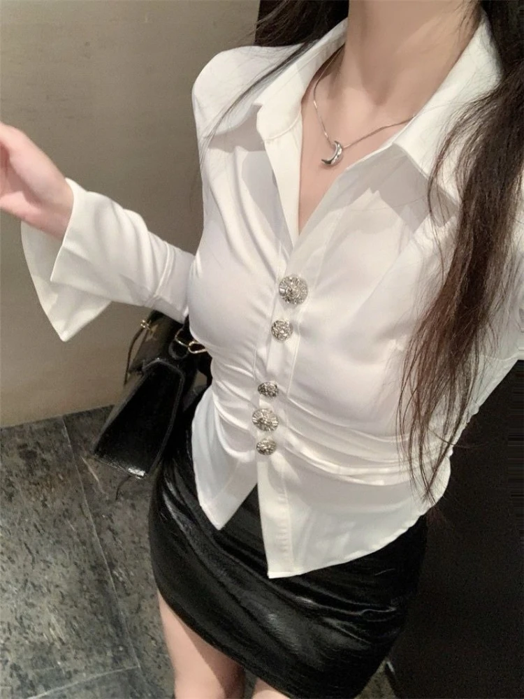 

Artistic French Waist Emphasis Shirt Lightweight Crinkled Fabric Long Sleeve Blouse White Autumn Streetwear Casual Wear