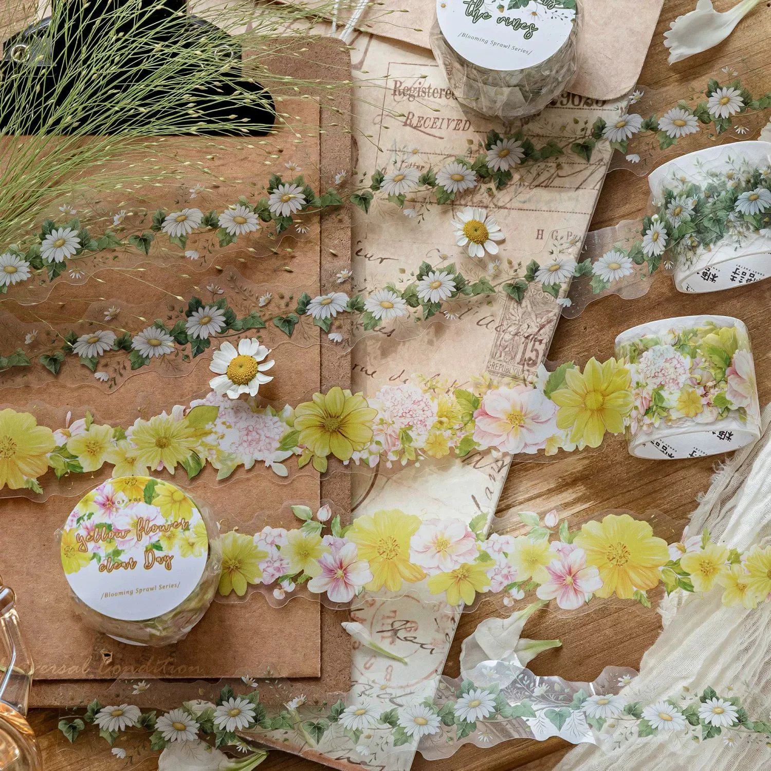 1pc Watercolor Flower Border Decorative Tape Aesthetic Floral Scrapbook Supplies,Vintage Blooming Floral PET Tape for Journaling