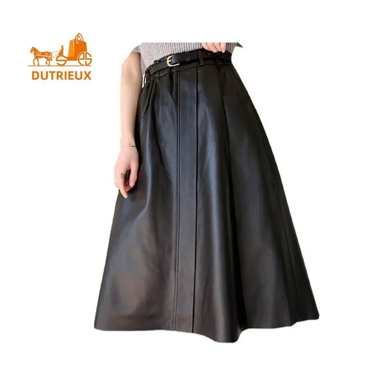 High-end 100% Sheepskin Skirt for Women, New Style Cowhide High Waist Mid-length Genuine Leather A-line Skirt for Work in Winter