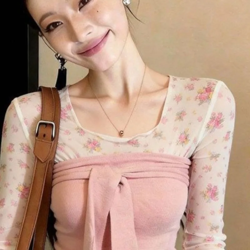 Y2k Bandage T Shirt For Women Print Floral Sweet Vintage Ropa De Mujer Versatile Korean Fashion Sweet Short Tees