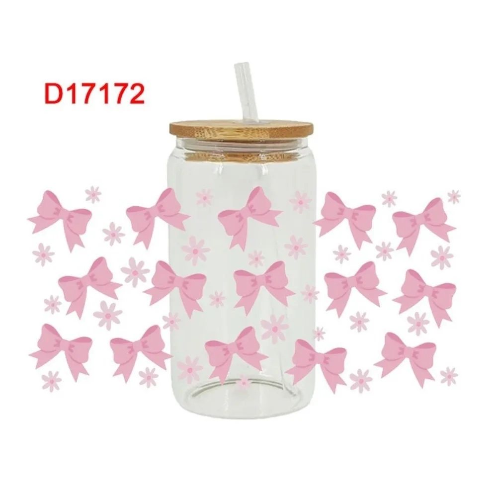 New Clear UV DTF Transfer Sticker Waterproof Bow Theme Libbey Glasses Wraps Smooth Cartoon Cup Decals for Cup Decoration