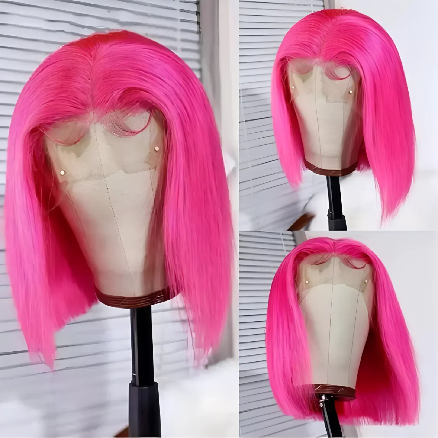 ﻿   Pelucas humanas Bob cortas y rectas de color rosa intenso, pelucas frontales de encaje 100%, peluca de encaje transparente con línea de cabello prearrancada ﻿