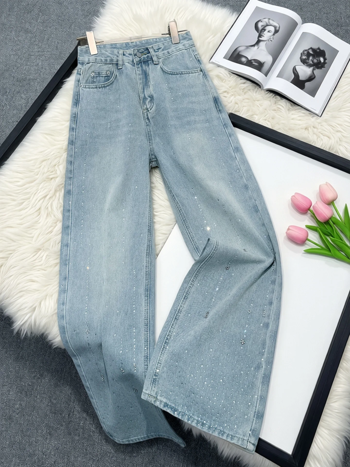 

High Waist Straight Leg Denim Jeans Women's Summer New Large Size Fat MM Sparkling Design Slimming Wide Leg Pants