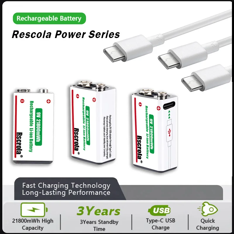 بطارية ليثيوم أيون قابلة لإعادة الشحن USB 9 فولت 21800 ميجاوات في الساعة من النوع C قابلة لإعادة الشحن للميكروفون، مقياس متعدد، جيتار كهربائي، لعبة