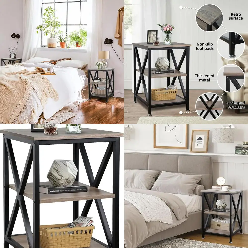 

Серый торцевой столик для хранения в стиле фермерского дома, 16x16x24, квадратный с X-подставкой для гостиной