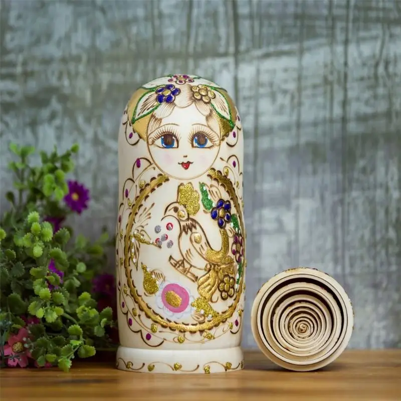 090B Folk Art Russian Nesting Dolls Handmade Wood Figurine with Floral Patterns for Gifting Home Office Decors