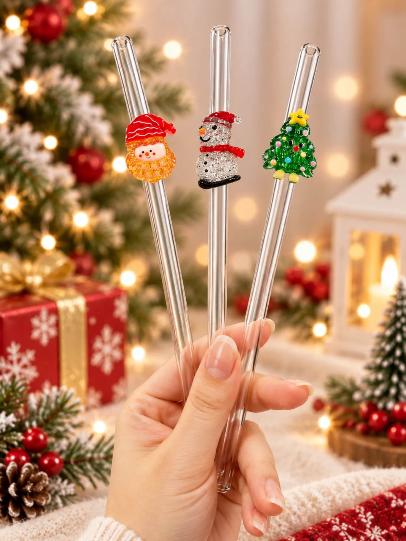 3PCS Christmas Tree Snowman Gnome Glitter Glass Straws Bend Reusable Clear Drinking Straws Coffee Juice Party Gift Xmas