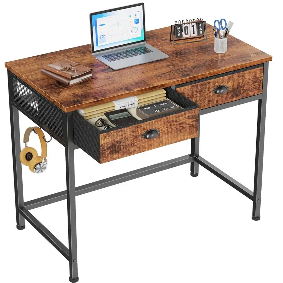 

Small Computer Desk with 2 Fabric Drawers for Bedroom,34 Inch Home Office Writing Desk, Vanity Desk with Hooks, Simple Study Des