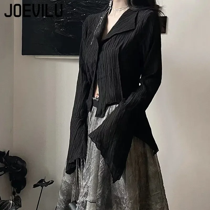 JOEVILU Yamamoto Style Black Shirt Women\'s Extended Sleeves Irregular Blouses Babes Retro Dark Aesthetic Clothes Gothic Y2k Tops