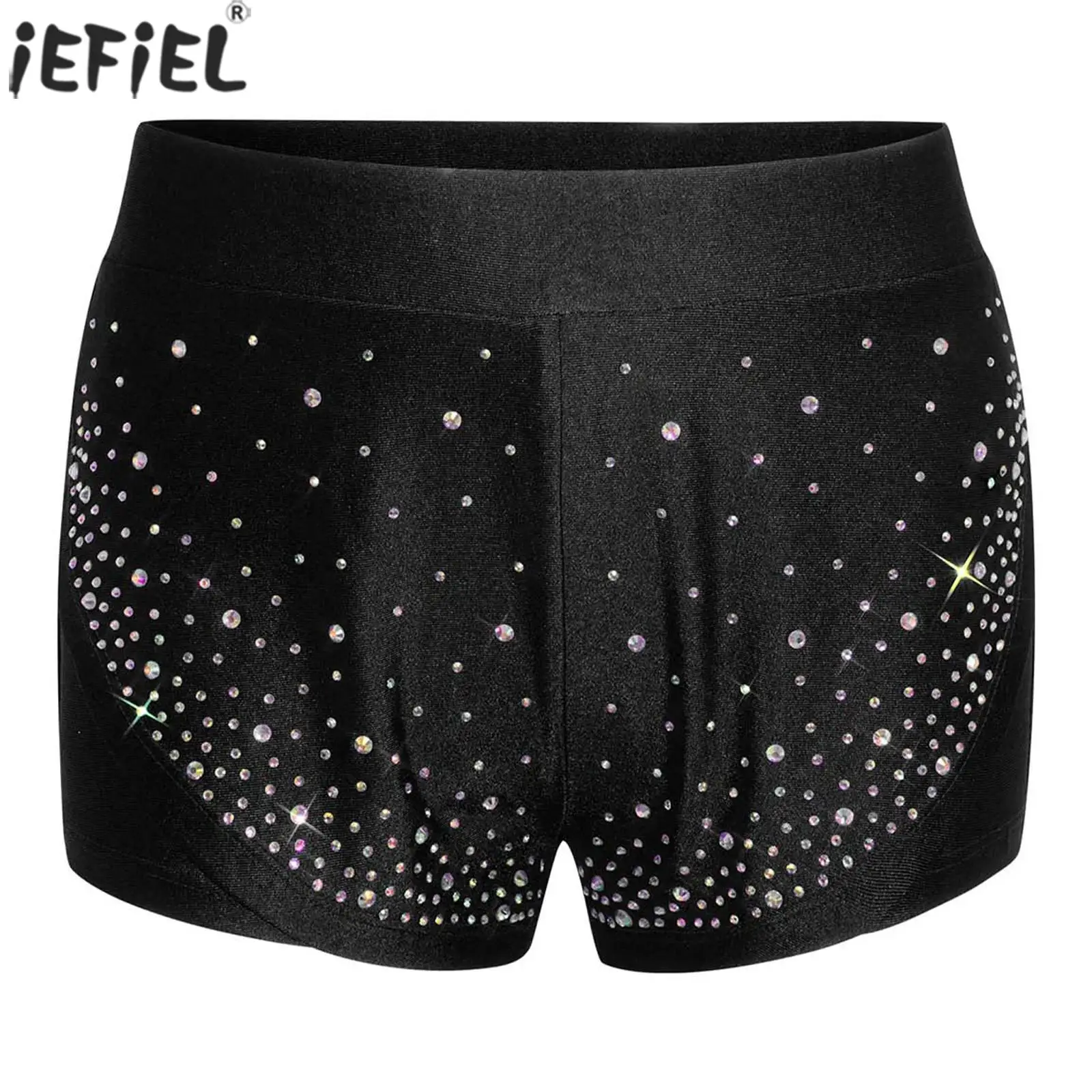 Kids Girls Rhinestones Ballet Dance Gymnastics Shorts Elastic Waistband Double-Layer Athletic Shorts for Figure Skating Workout