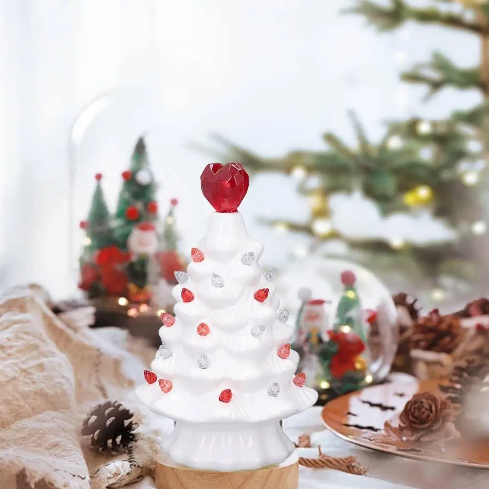 Mini Ceramic Christmas Tree Figurine Colorful LED Light-up Xmas Tree Statue Sculpture With Heart Topper Home Decoration
