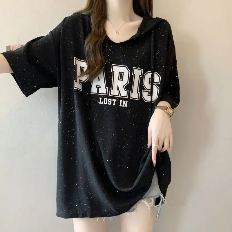 Women Summer Korean Fashion Large Size Loose Appear Thin Bright Silk Short Sleeve Hooded T-shirt Ladies Casual All-match Top Tee