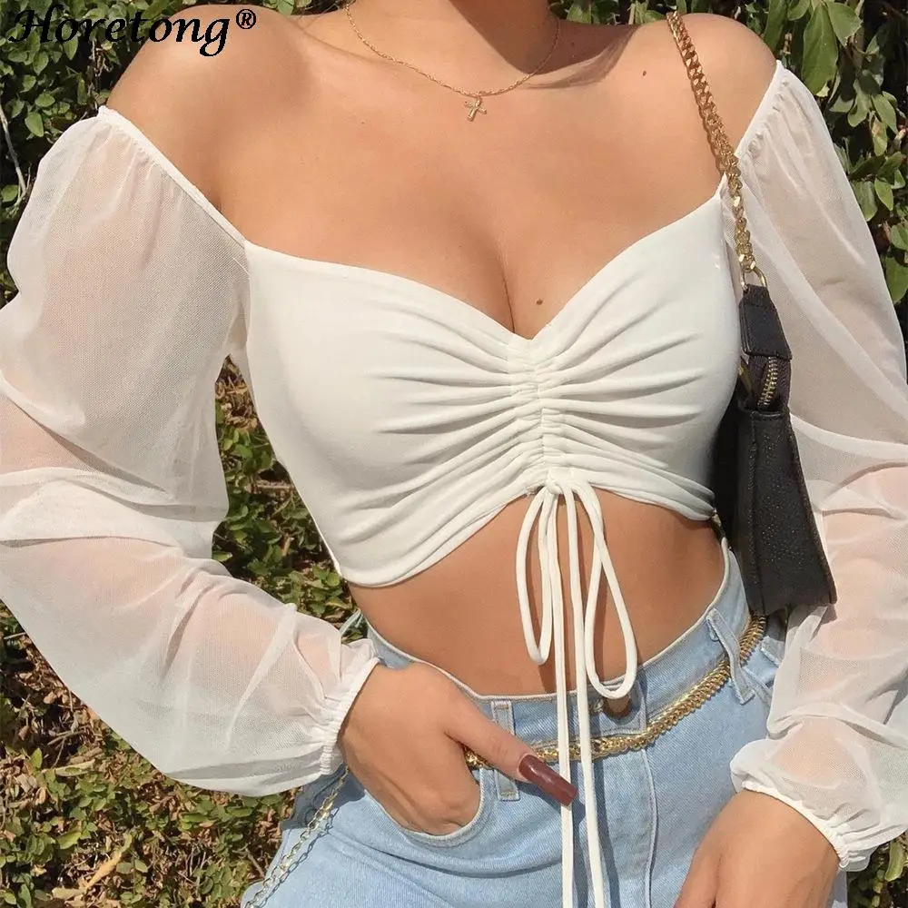 Horetong Women's Sexy V-neck Off-Shoulder Blouses Summer Drawstring Bandage Long Sleeve Tops Ladies Korean Fashion Short Clothes