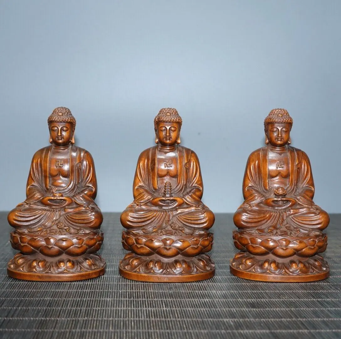 old boxwood carving a set three Sakyamuni tathagata Amitabha buddha statue