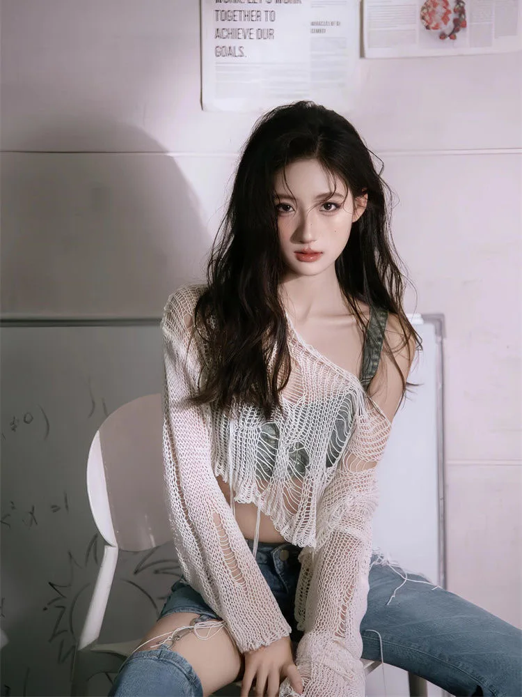 سترة نسائية محبوكة مثيرة باللون الأبيض مائل الرقبة الجرونج سترة ممزقة بلوفر قصير هاراجوكو مفرغ موضة الصيف لاعبا #2