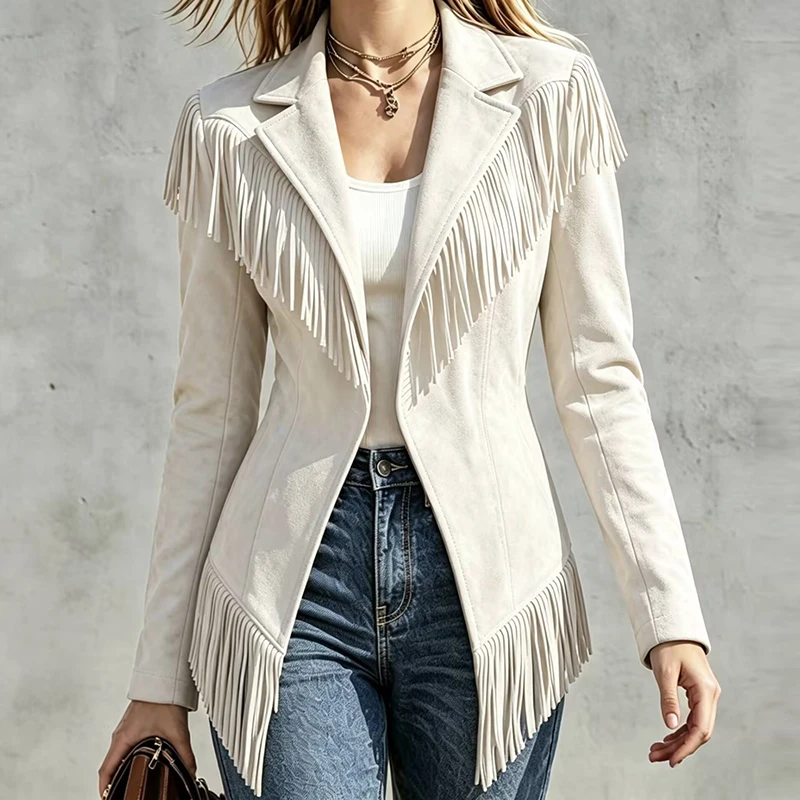Womens Vintage Lapel Long Sleeve Fringe Cropped Hippie Motor Biker Cardigan Outwears Faux Suede Tassel Jacket