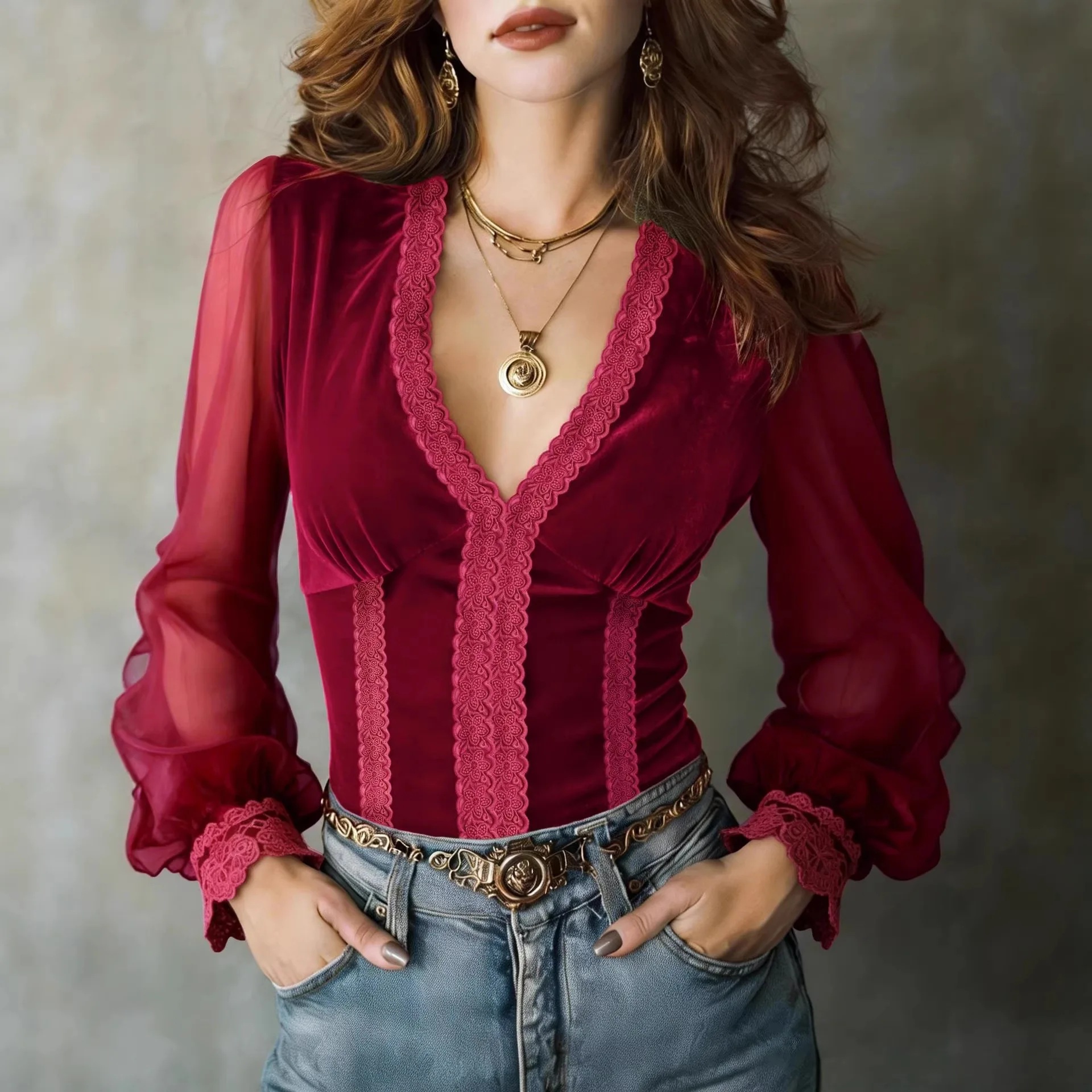 Velvet Blouse for Women Sexy Deep V Neck Summer Sheer Mesh Long Sleeves Blouse Elegant Chic Pullovers Mujer Tops 2026 view 3