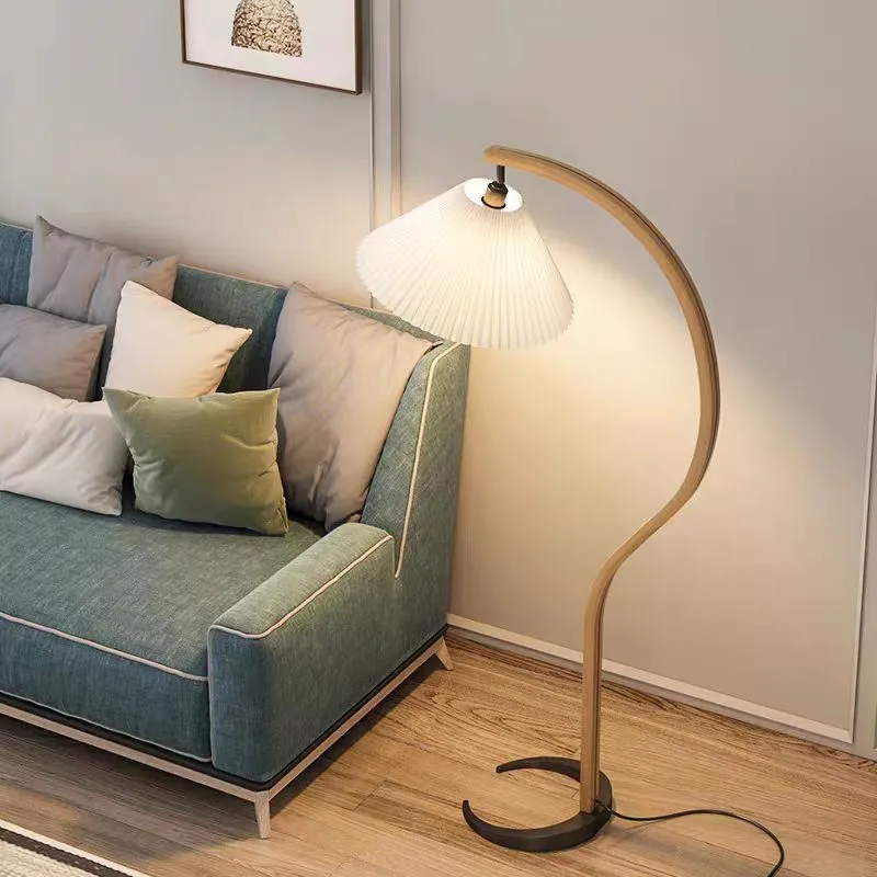 Caprani Wooden Floor Lamp Japanese Curve Floor Lamp Pleated Lampshade Bedroom Reading Lights Decor Living Room Sofa Side Light