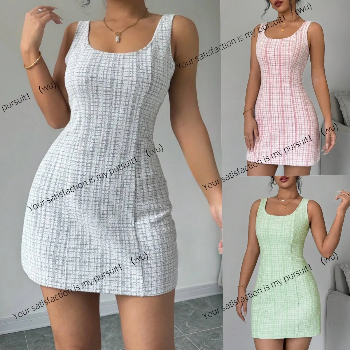 

Новое сексуальное европейское и американское облегающее клетчатое платье без рукавов Spice Girls с U-образным вырезом и молнией сзади