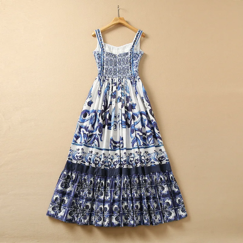 European and American women's summer 2022 new  Condole belt  Fashionable palace printed cotton pleated dress