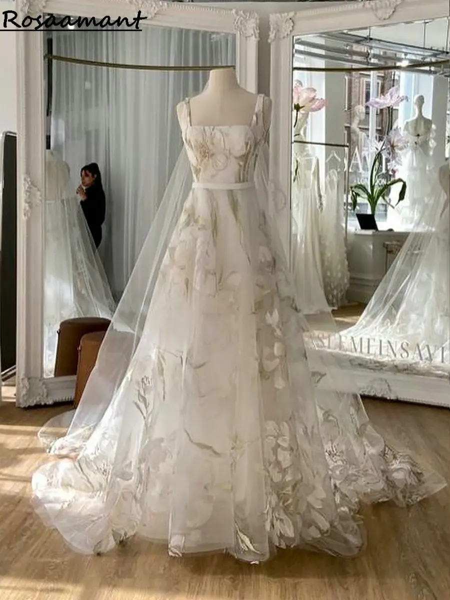 Immagine reale colletto quadrato stampa floreale abiti da sposa a-line cintura senza maniche Boho Country abiti da sposa